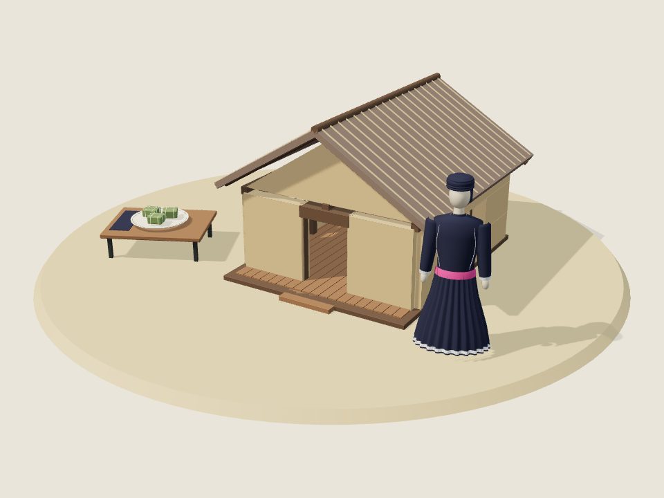 Cảnh minh họa 3D về Bố Y: nếp nhà, trang phục trên ma-nơ-canh và mâm ẩm thực, không phải ảnh tư liệu