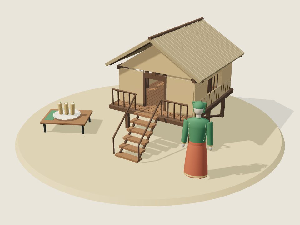 Cảnh minh họa 3D về Bru–Vân Kiều: nếp nhà, trang phục trên ma-nơ-canh và mâm ẩm thực, không phải ảnh tư liệu