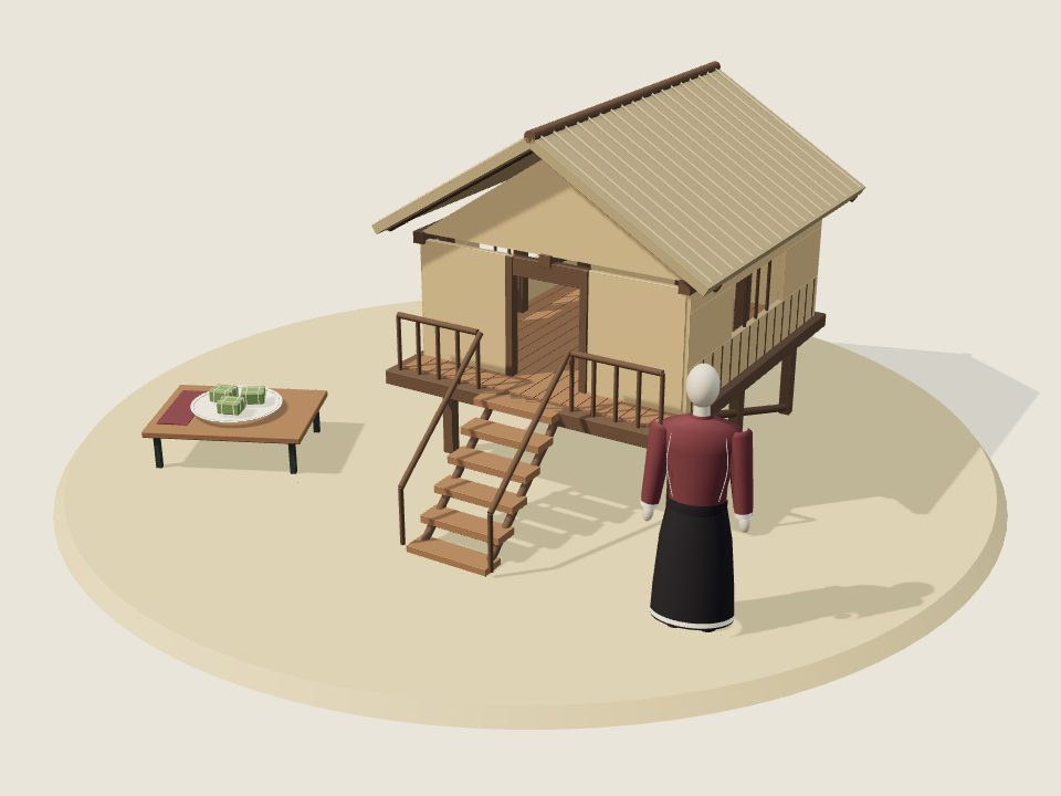 Cảnh minh họa 3D về Chơ Ro: nếp nhà, trang phục trên ma-nơ-canh và mâm ẩm thực, không phải ảnh tư liệu