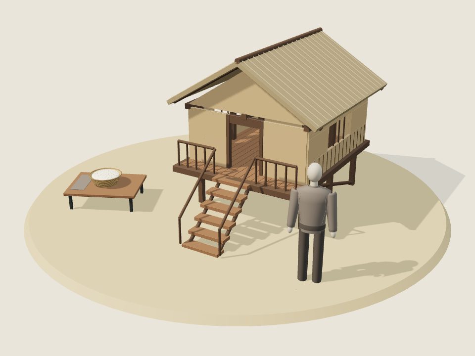 Cảnh minh họa 3D về Chứt: nếp nhà, trang phục trên ma-nơ-canh và mâm ẩm thực, không phải ảnh tư liệu
