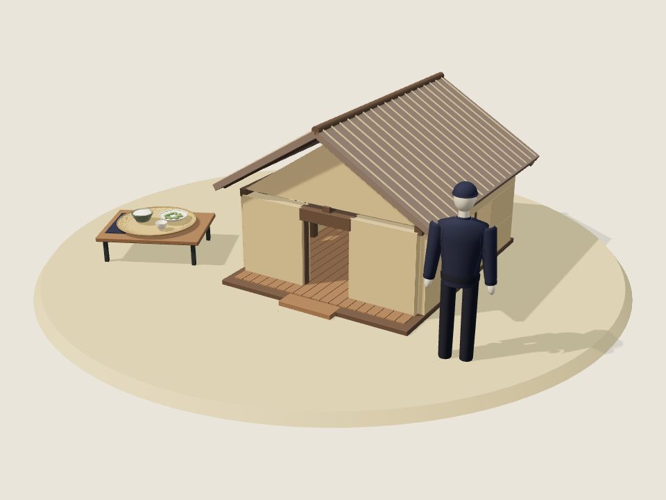 Cảnh minh họa 3D về Cơ Lao: nếp nhà, trang phục trên ma-nơ-canh và mâm ẩm thực, không phải ảnh tư liệu