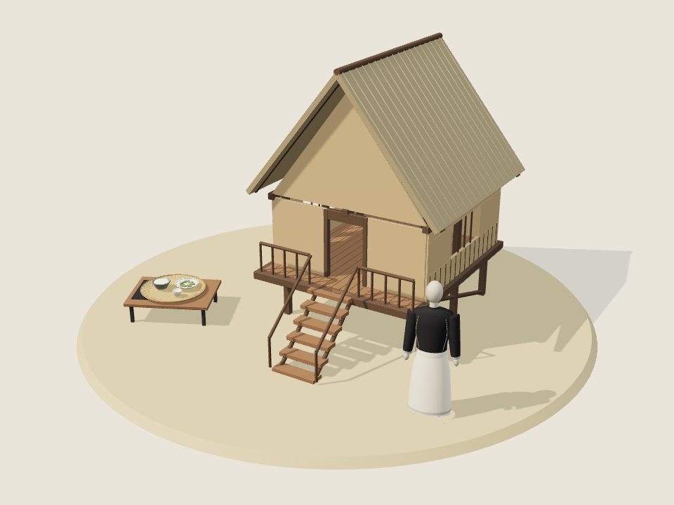 Cảnh minh họa 3D về Cơ Tu: nếp nhà, trang phục trên ma-nơ-canh và mâm ẩm thực, không phải ảnh tư liệu