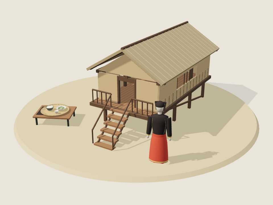 Cảnh minh họa 3D về Co: nếp nhà, trang phục trên ma-nơ-canh và mâm ẩm thực, không phải ảnh tư liệu