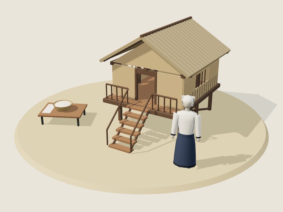 Cảnh minh họa 3D về Cống: nếp nhà, trang phục trên ma-nơ-canh và mâm ẩm thực, không phải ảnh tư liệu