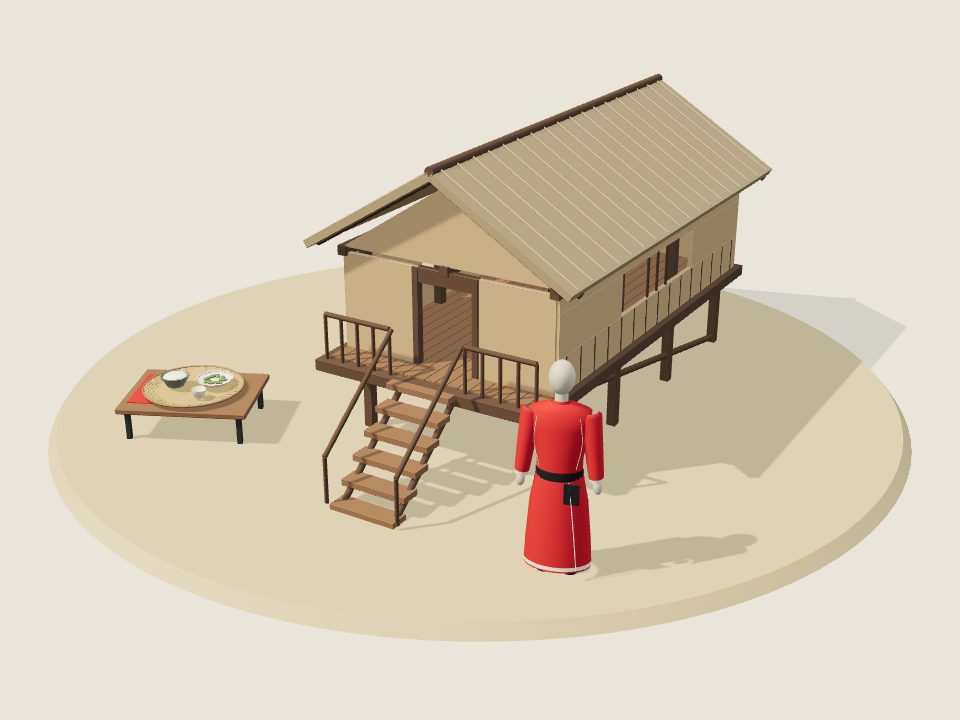 Cảnh minh họa 3D về Ê Đê: nếp nhà, trang phục trên ma-nơ-canh và mâm ẩm thực, không phải ảnh tư liệu