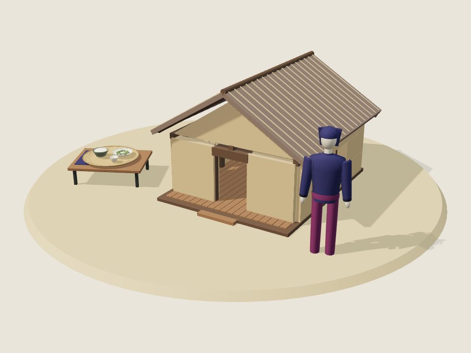 Cảnh minh họa 3D về Giáy: nếp nhà, trang phục trên ma-nơ-canh và mâm ẩm thực, không phải ảnh tư liệu