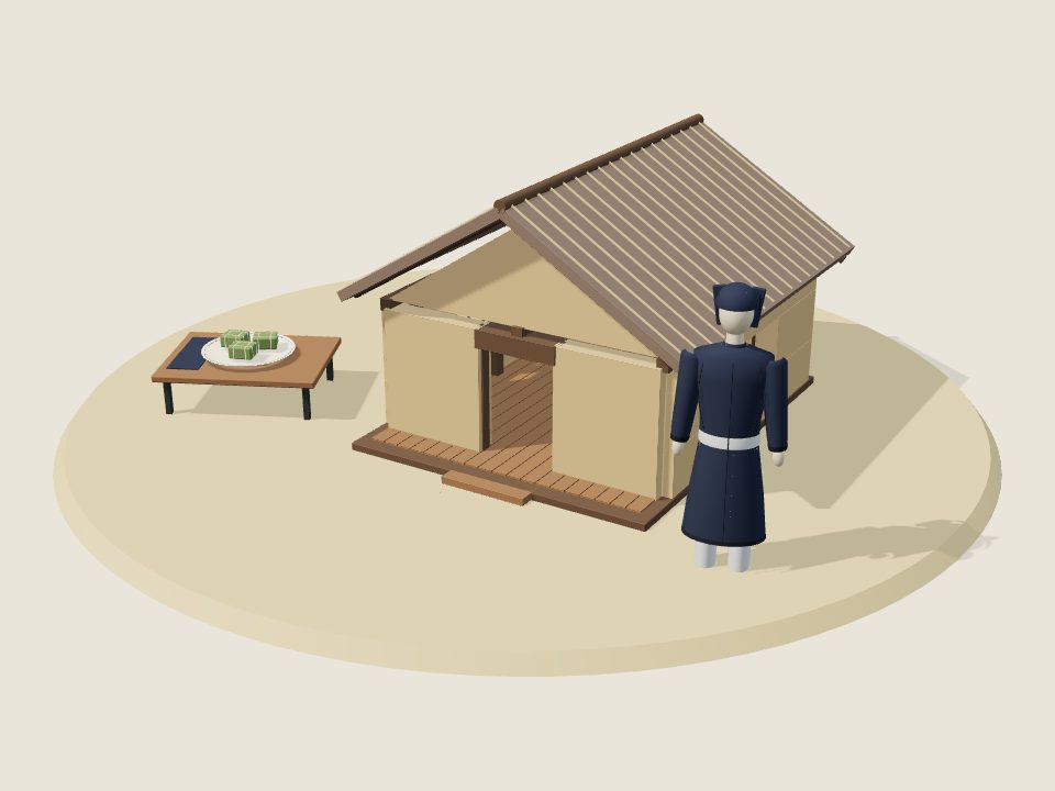 Cảnh minh họa 3D về Hà Nhì: nếp nhà, trang phục trên ma-nơ-canh và mâm ẩm thực, không phải ảnh tư liệu