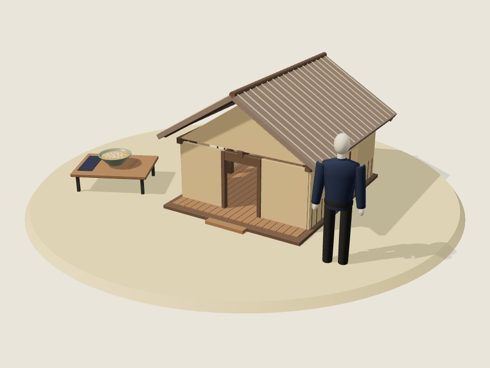 Cảnh minh họa 3D về Hoa: nếp nhà, trang phục trên ma-nơ-canh và mâm ẩm thực, không phải ảnh tư liệu
