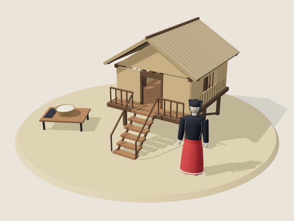 Cảnh minh họa 3D về Hrê: nếp nhà, trang phục trên ma-nơ-canh và mâm ẩm thực, không phải ảnh tư liệu