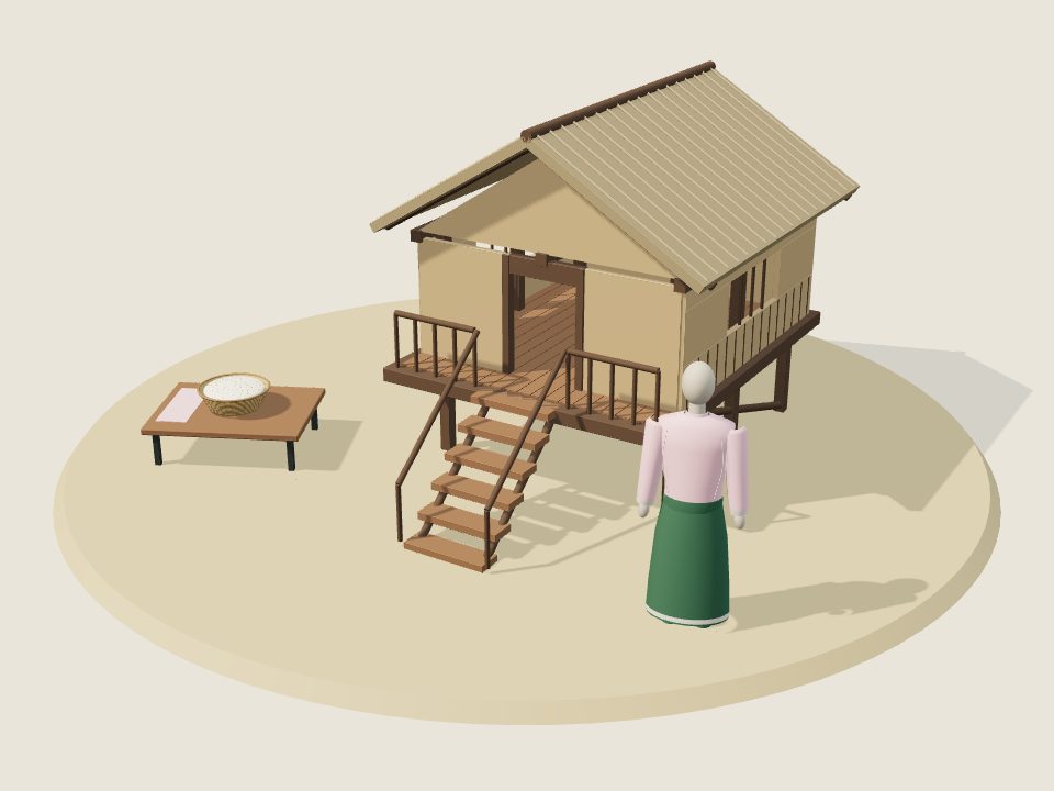 Cảnh minh họa 3D về Kháng: nếp nhà, trang phục trên ma-nơ-canh và mâm ẩm thực, không phải ảnh tư liệu