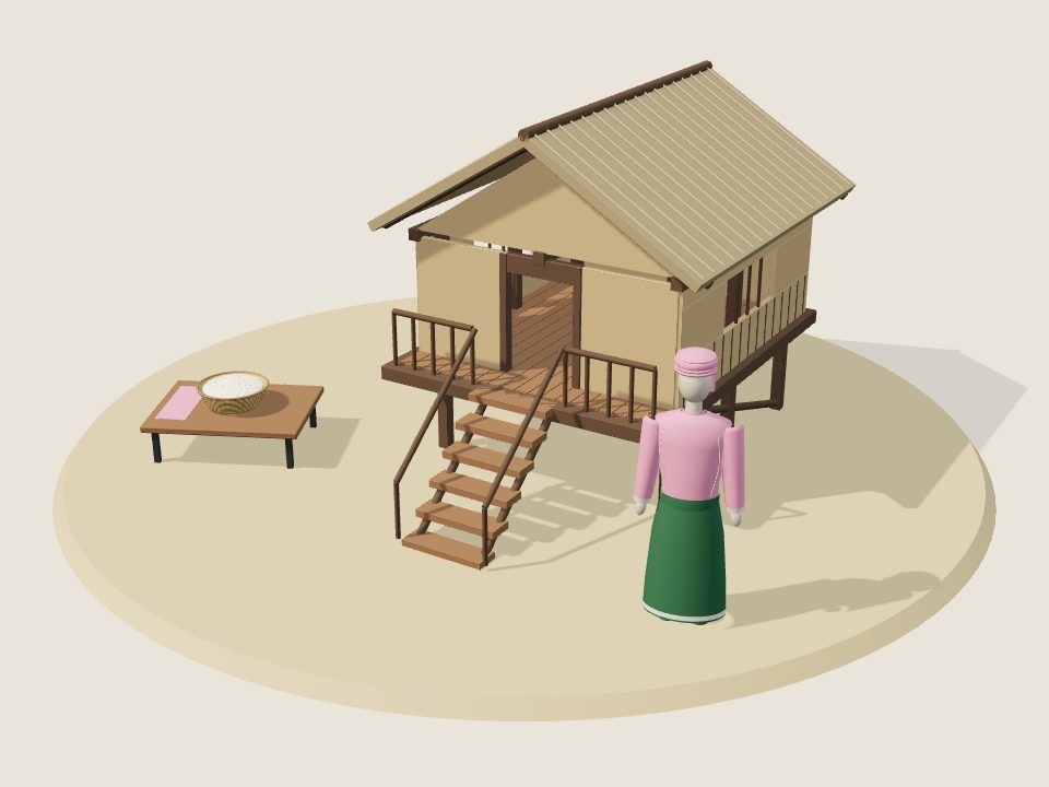 Cảnh minh họa 3D về Khơ Mú: nếp nhà, trang phục trên ma-nơ-canh và mâm ẩm thực, không phải ảnh tư liệu