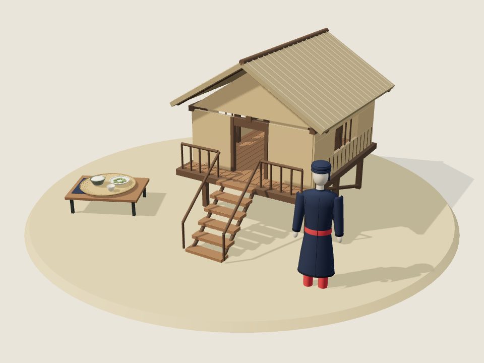 Cảnh minh họa 3D về La Chí: nếp nhà, trang phục trên ma-nơ-canh và mâm ẩm thực, không phải ảnh tư liệu