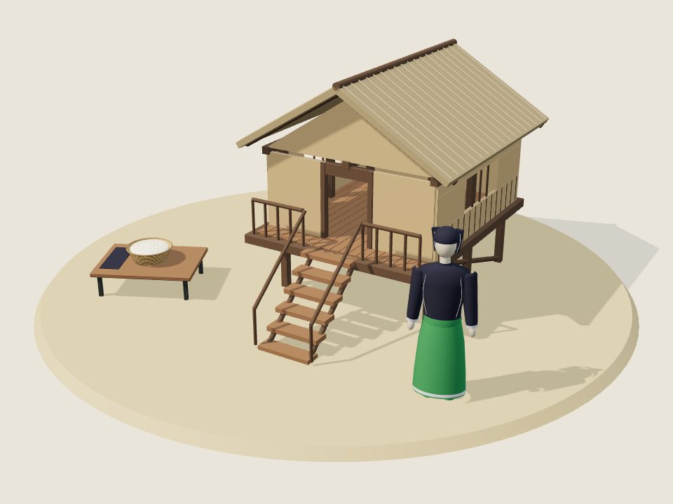 Cảnh minh họa 3D về La Ha: nếp nhà, trang phục trên ma-nơ-canh và mâm ẩm thực, không phải ảnh tư liệu