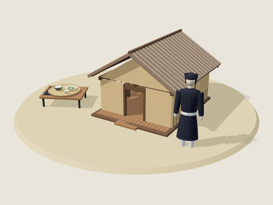 Cảnh minh họa 3D về La Hủ: nếp nhà, trang phục trên ma-nơ-canh và mâm ẩm thực, không phải ảnh tư liệu