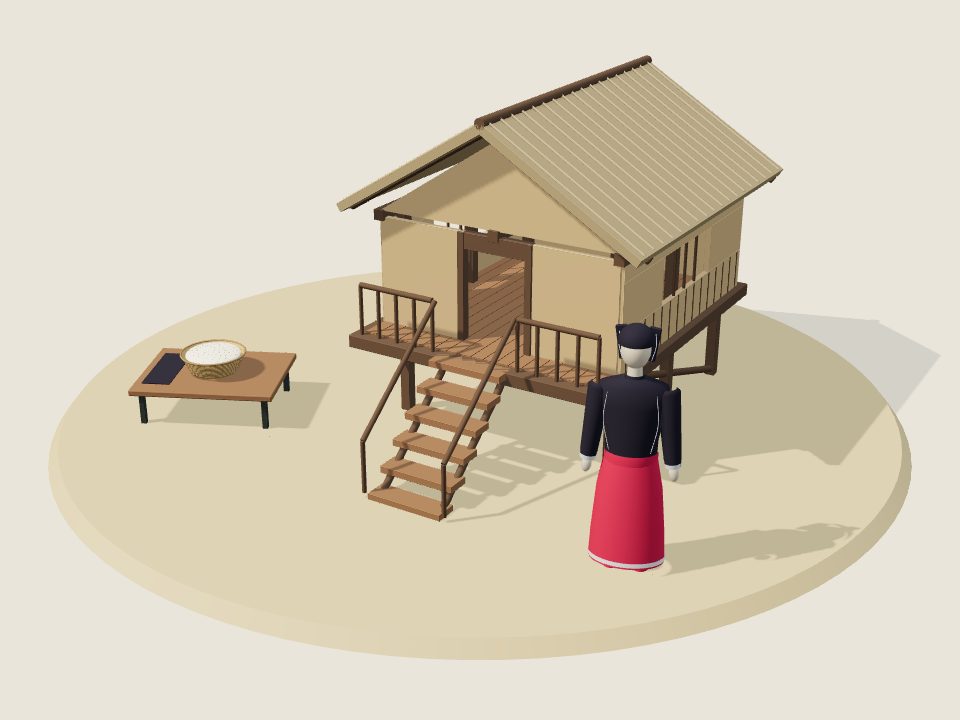 Cảnh minh họa 3D về Lào: nếp nhà, trang phục trên ma-nơ-canh và mâm ẩm thực, không phải ảnh tư liệu