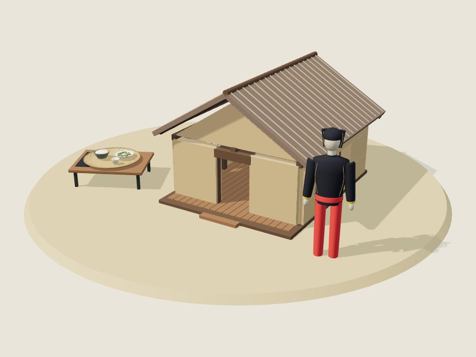 Cảnh minh họa 3D về Lô Lô: nếp nhà, trang phục trên ma-nơ-canh và mâm ẩm thực, không phải ảnh tư liệu