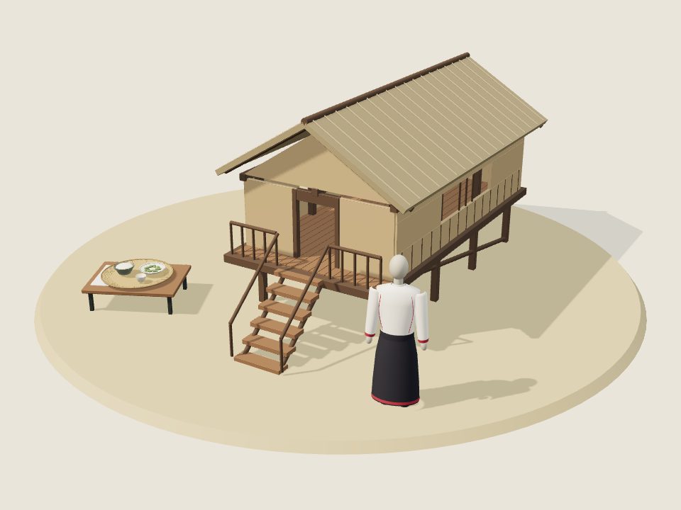 Cảnh minh họa 3D về Mạ: nếp nhà, trang phục trên ma-nơ-canh và mâm ẩm thực, không phải ảnh tư liệu
