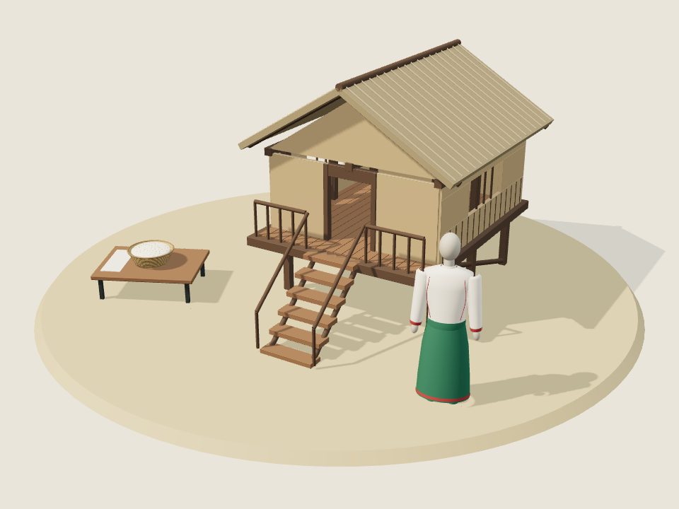 Cảnh minh họa 3D về Mảng: nếp nhà, trang phục trên ma-nơ-canh và mâm ẩm thực, không phải ảnh tư liệu