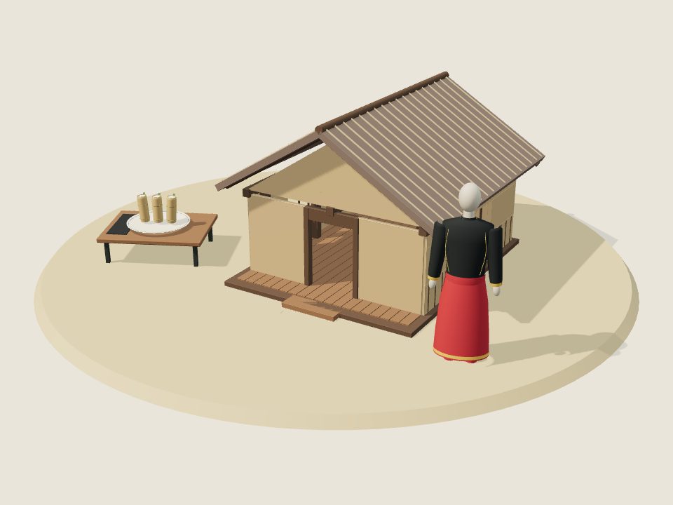 Cảnh minh họa 3D về Mnông: nếp nhà, trang phục trên ma-nơ-canh và mâm ẩm thực, không phải ảnh tư liệu