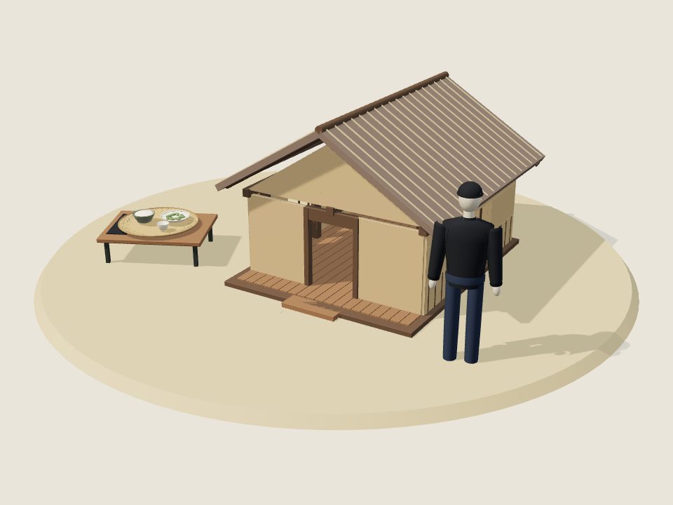 Cảnh minh họa 3D về Mông: nếp nhà, trang phục trên ma-nơ-canh và mâm ẩm thực, không phải ảnh tư liệu