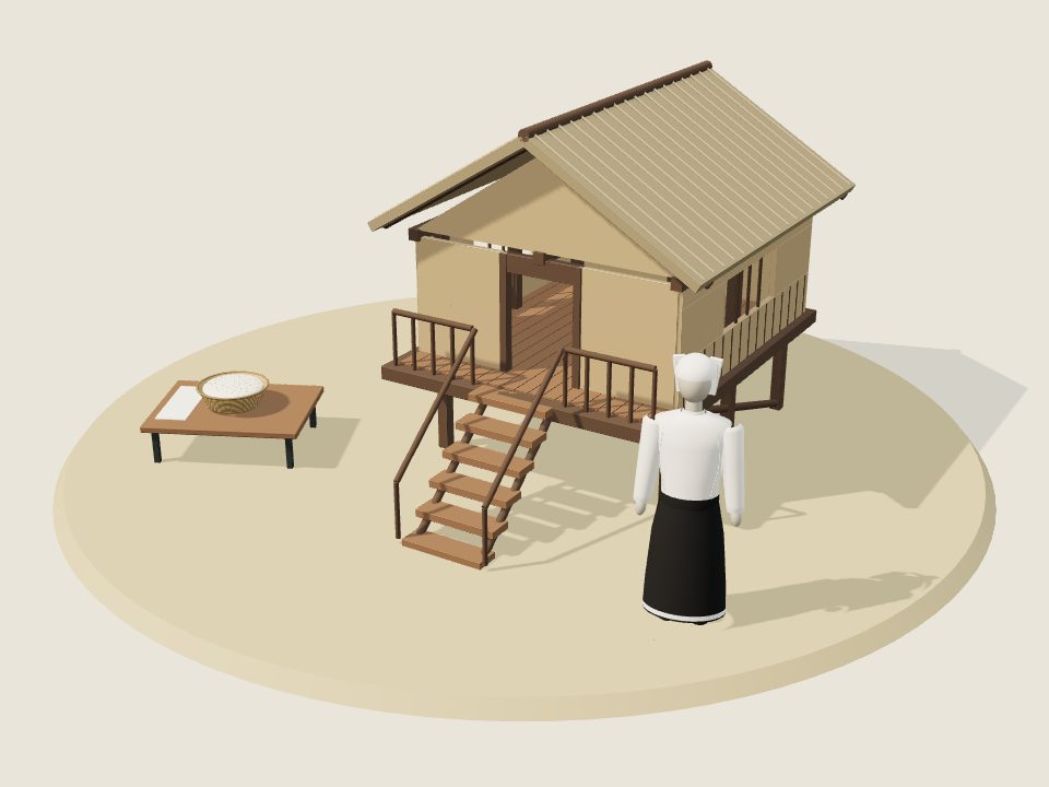 Cảnh minh họa 3D về Mường: nếp nhà, trang phục trên ma-nơ-canh và mâm ẩm thực, không phải ảnh tư liệu