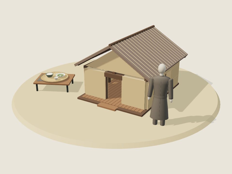 Cảnh minh họa 3D về Ngái: nếp nhà, trang phục trên ma-nơ-canh và mâm ẩm thực, không phải ảnh tư liệu
