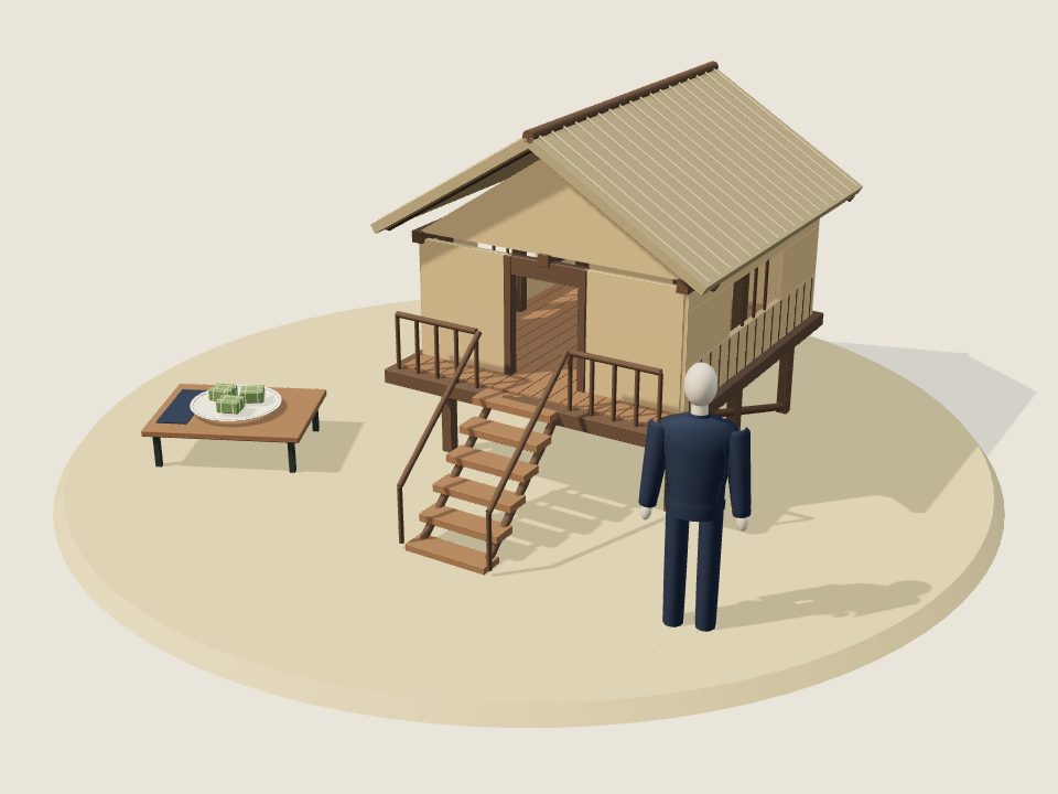 Cảnh minh họa 3D về Nùng: nếp nhà, trang phục trên ma-nơ-canh và mâm ẩm thực, không phải ảnh tư liệu
