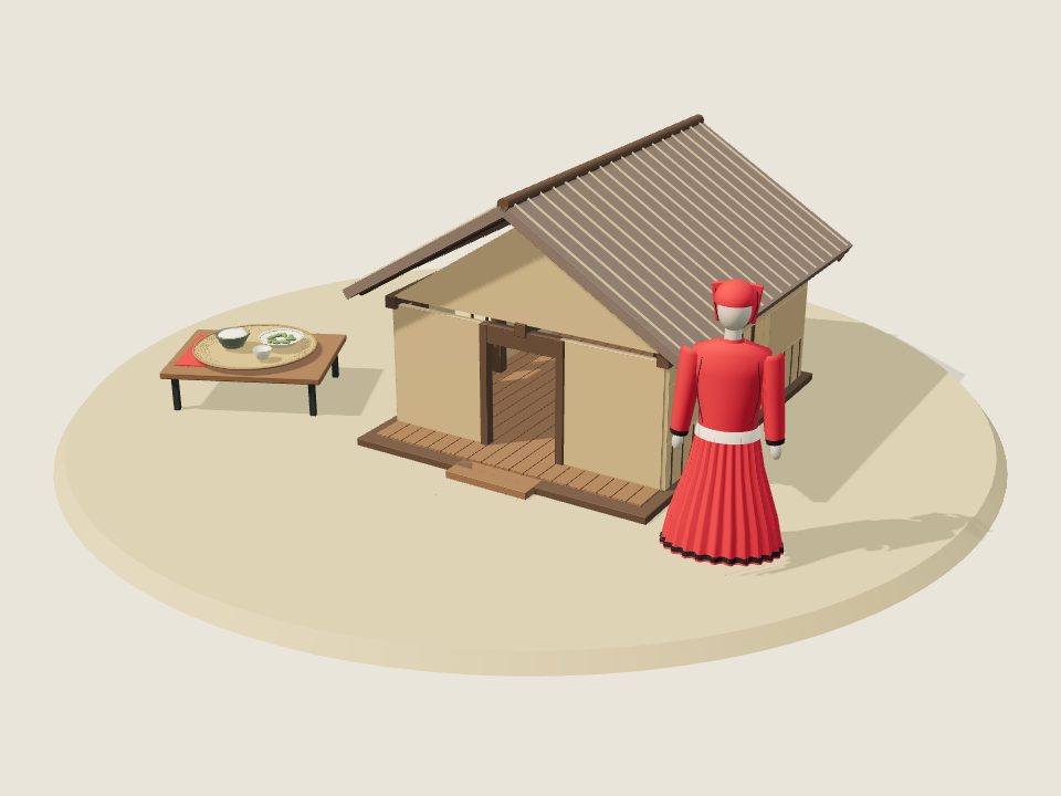 Cảnh minh họa 3D về Pà Thẻn: nếp nhà, trang phục trên ma-nơ-canh và mâm ẩm thực, không phải ảnh tư liệu
