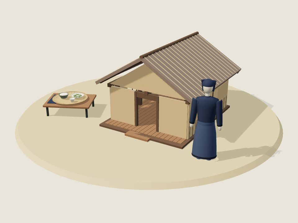 Cảnh minh họa 3D về Phù Lá: nếp nhà, trang phục trên ma-nơ-canh và mâm ẩm thực, không phải ảnh tư liệu