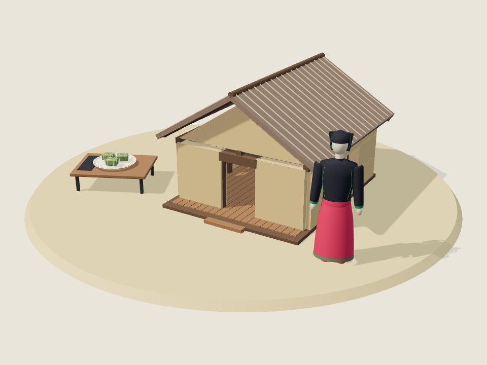 Cảnh minh họa 3D về Pu Péo: nếp nhà, trang phục trên ma-nơ-canh và mâm ẩm thực, không phải ảnh tư liệu