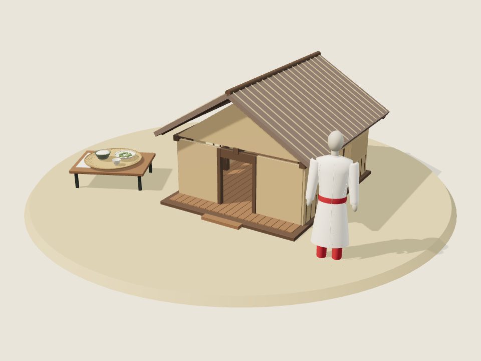 Cảnh minh họa 3D về Ra Glai: nếp nhà, trang phục trên ma-nơ-canh và mâm ẩm thực, không phải ảnh tư liệu