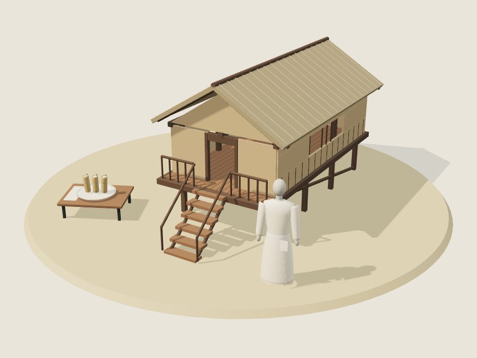 Cảnh minh họa 3D về Rơ Măm: nếp nhà, trang phục trên ma-nơ-canh và mâm ẩm thực, không phải ảnh tư liệu