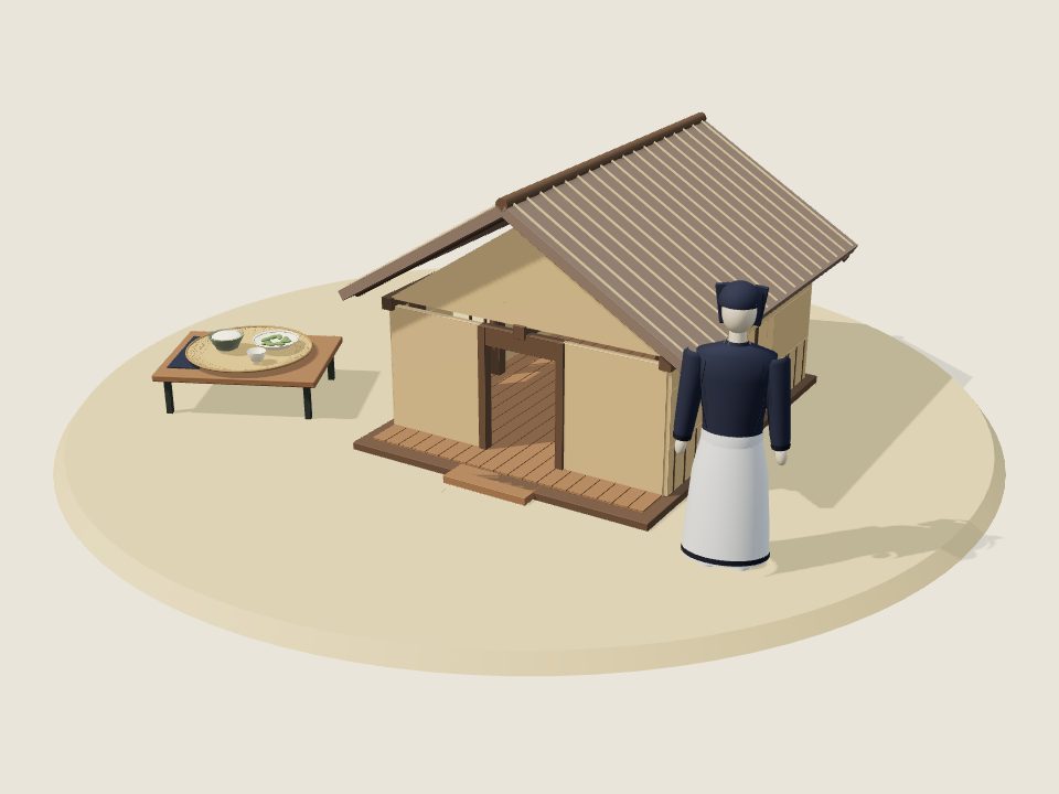 Cảnh minh họa 3D về Si La: nếp nhà, trang phục trên ma-nơ-canh và mâm ẩm thực, không phải ảnh tư liệu