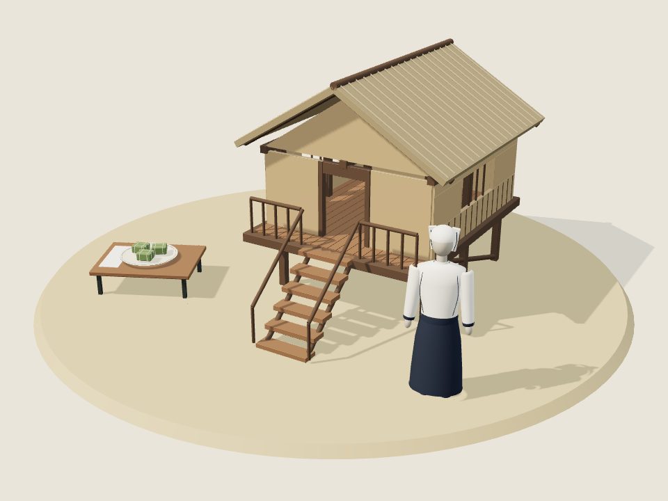 Cảnh minh họa 3D về Thổ: nếp nhà, trang phục trên ma-nơ-canh và mâm ẩm thực, không phải ảnh tư liệu