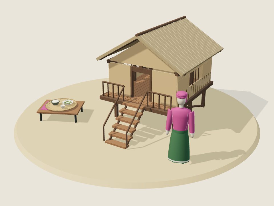 Cảnh minh họa 3D về Xinh Mun: nếp nhà, trang phục trên ma-nơ-canh và mâm ẩm thực, không phải ảnh tư liệu